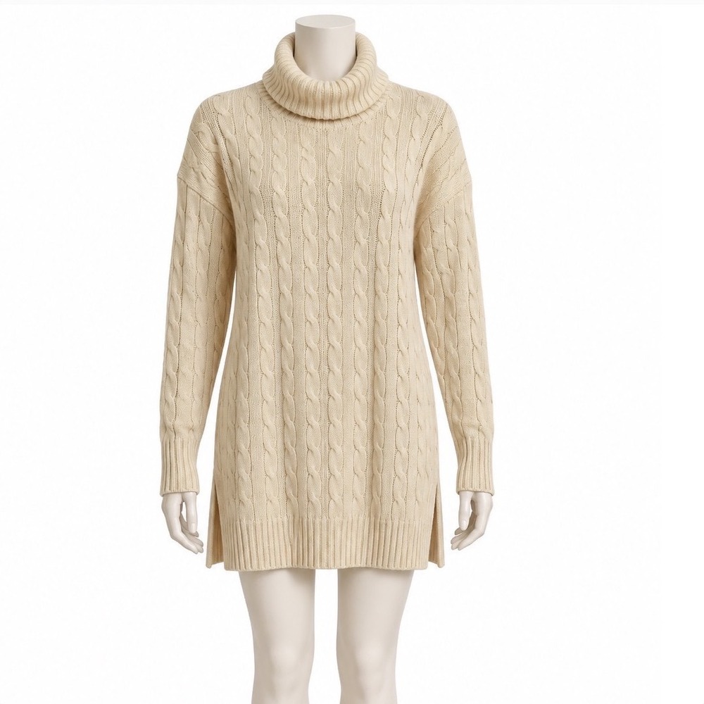 Polo Ralph Lauren Cable Knit Turtleneck Sweater Tunic Large Cream Wool Cashmere